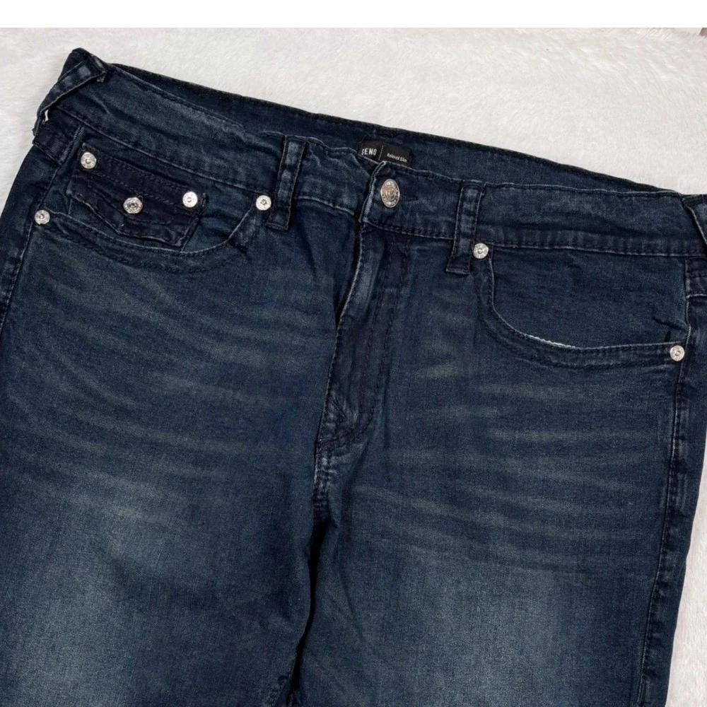 True Religion Jeans Geno‎ Relaxed Slim Mens 40x28 Dark Wash Big T Flap Pocket